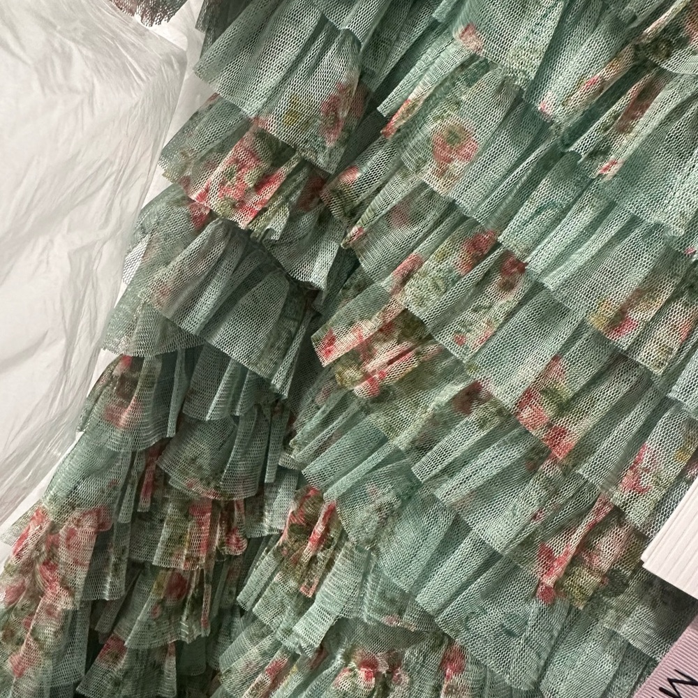 New Mac Duggal Size 16 Green Floral Ruffle Tiered Short Sleeve A Line Midi Dress - Picture 9 of 10